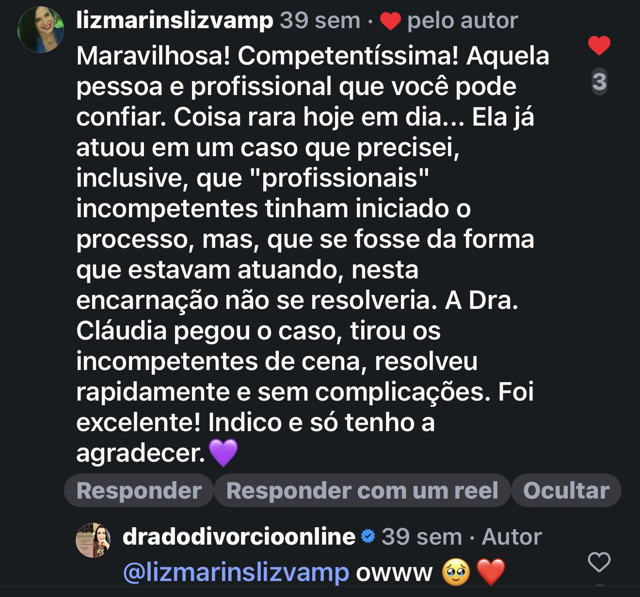 Comentário de cliente no Instagram da Dra. Cláudia