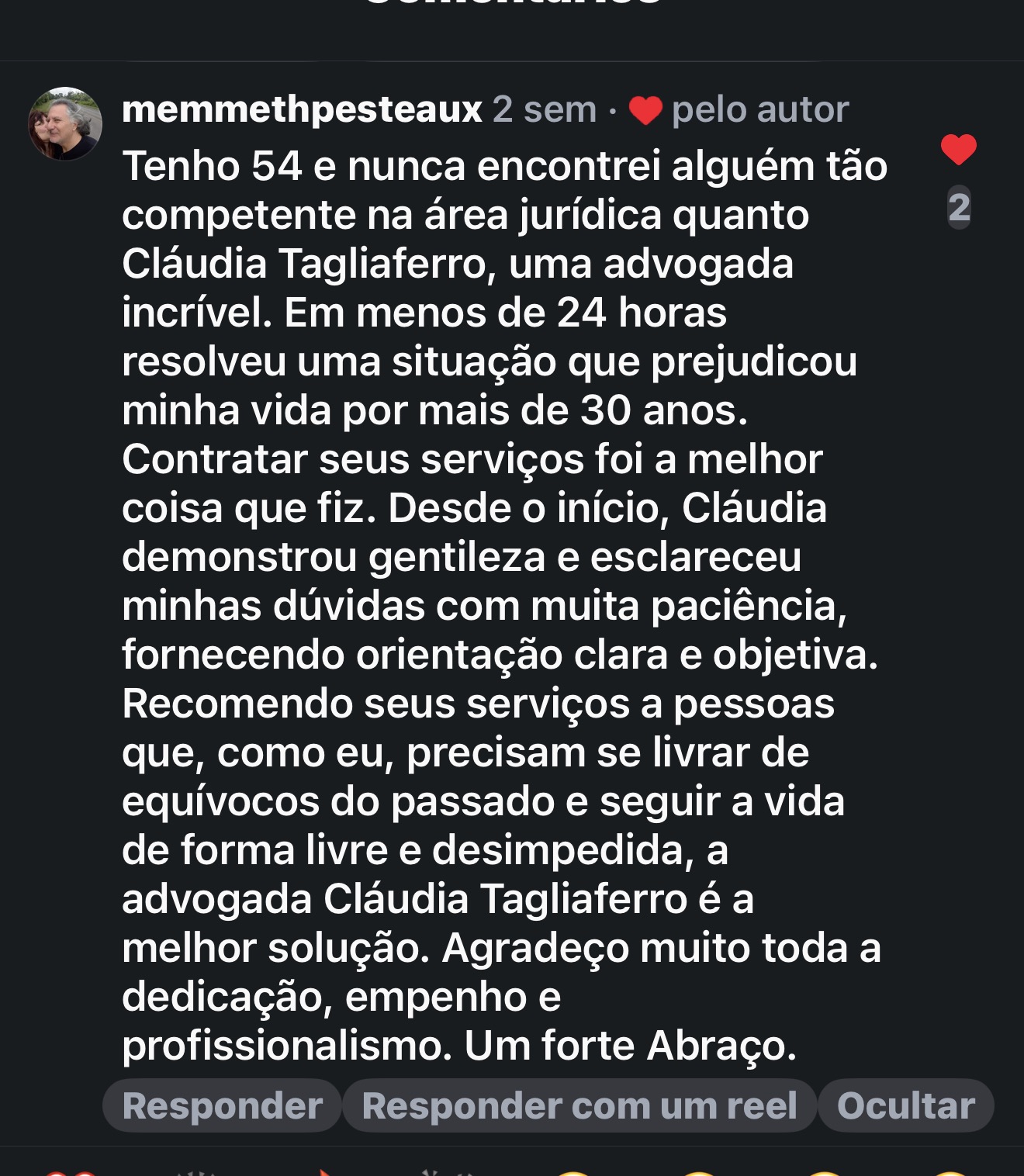 Comentário de cliente no Instagram da Dra. Cláudia