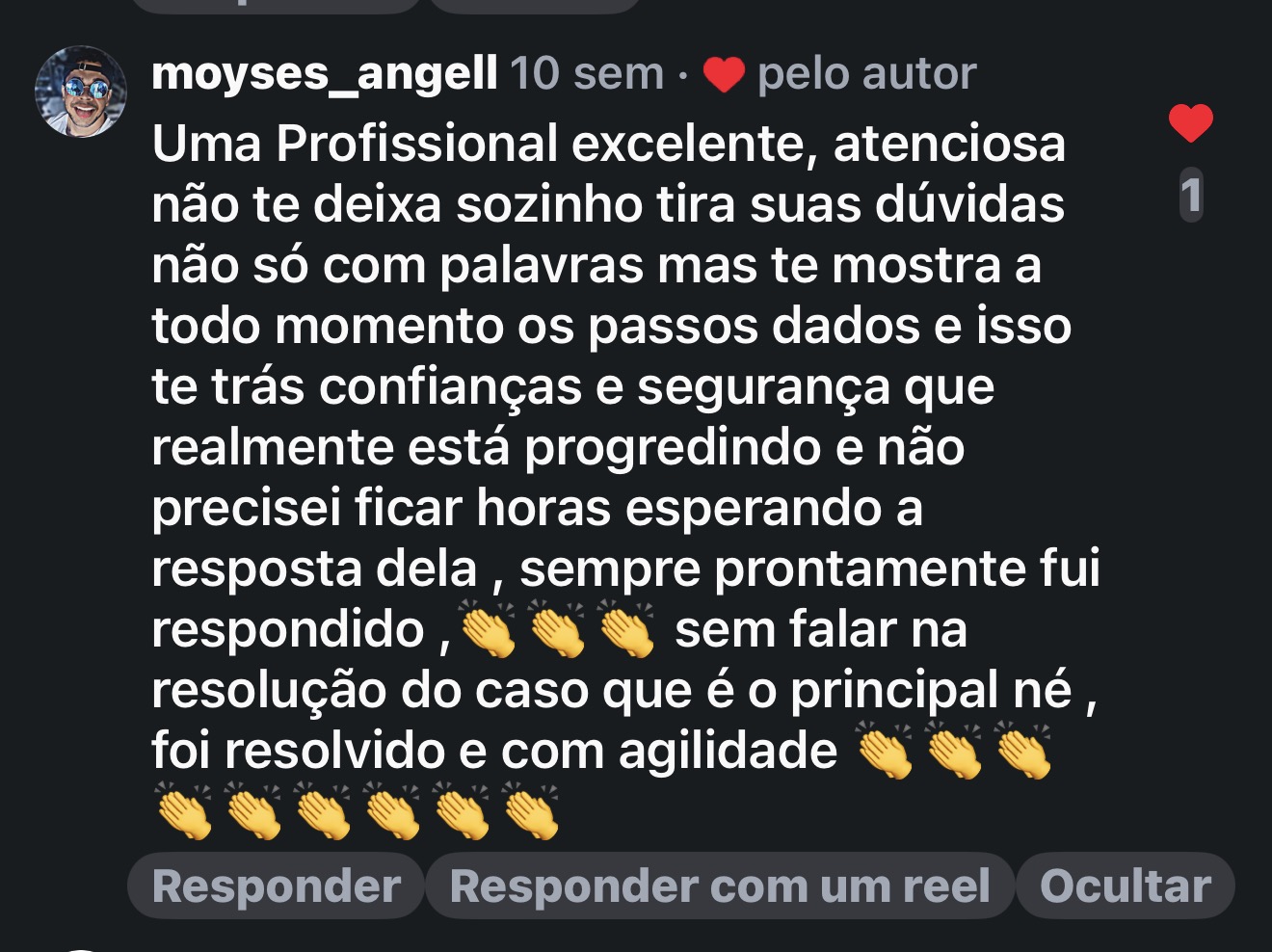 Comentário de cliente no Instagram da Dra. Cláudia