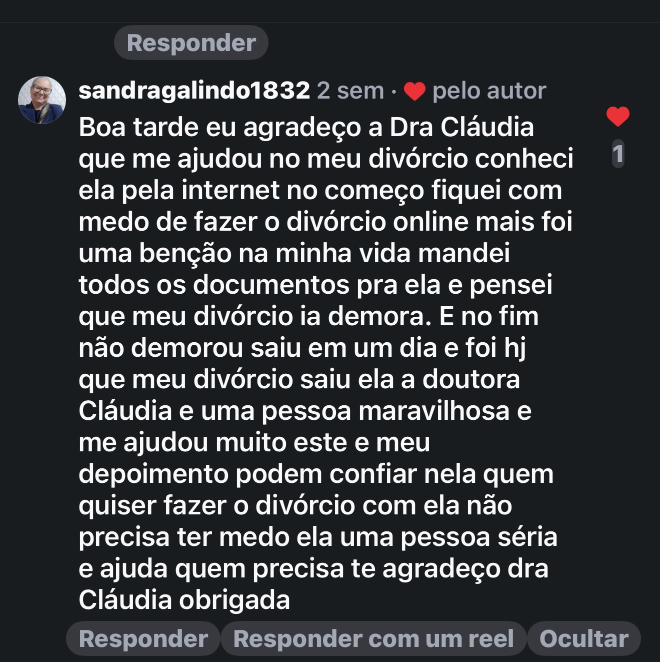 Comentário de cliente no Instagram da Dra. Cláudia