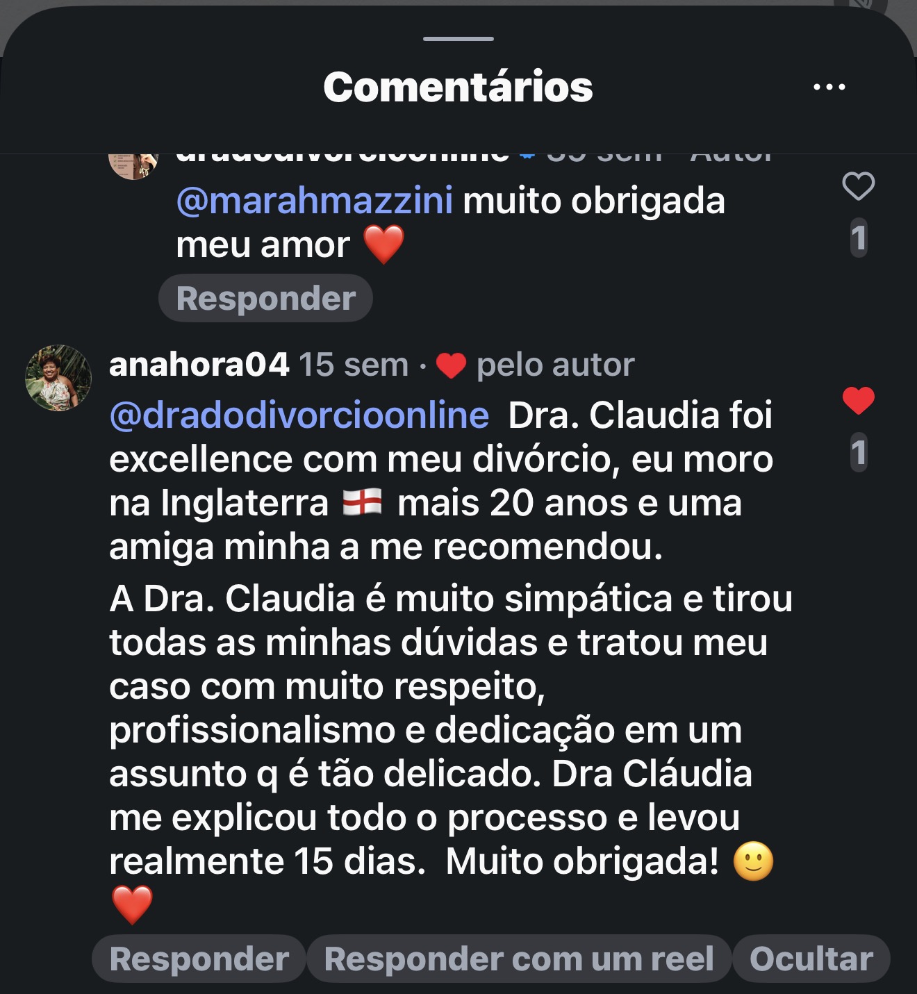 Comentário de cliente no Instagram da Dra. Cláudia