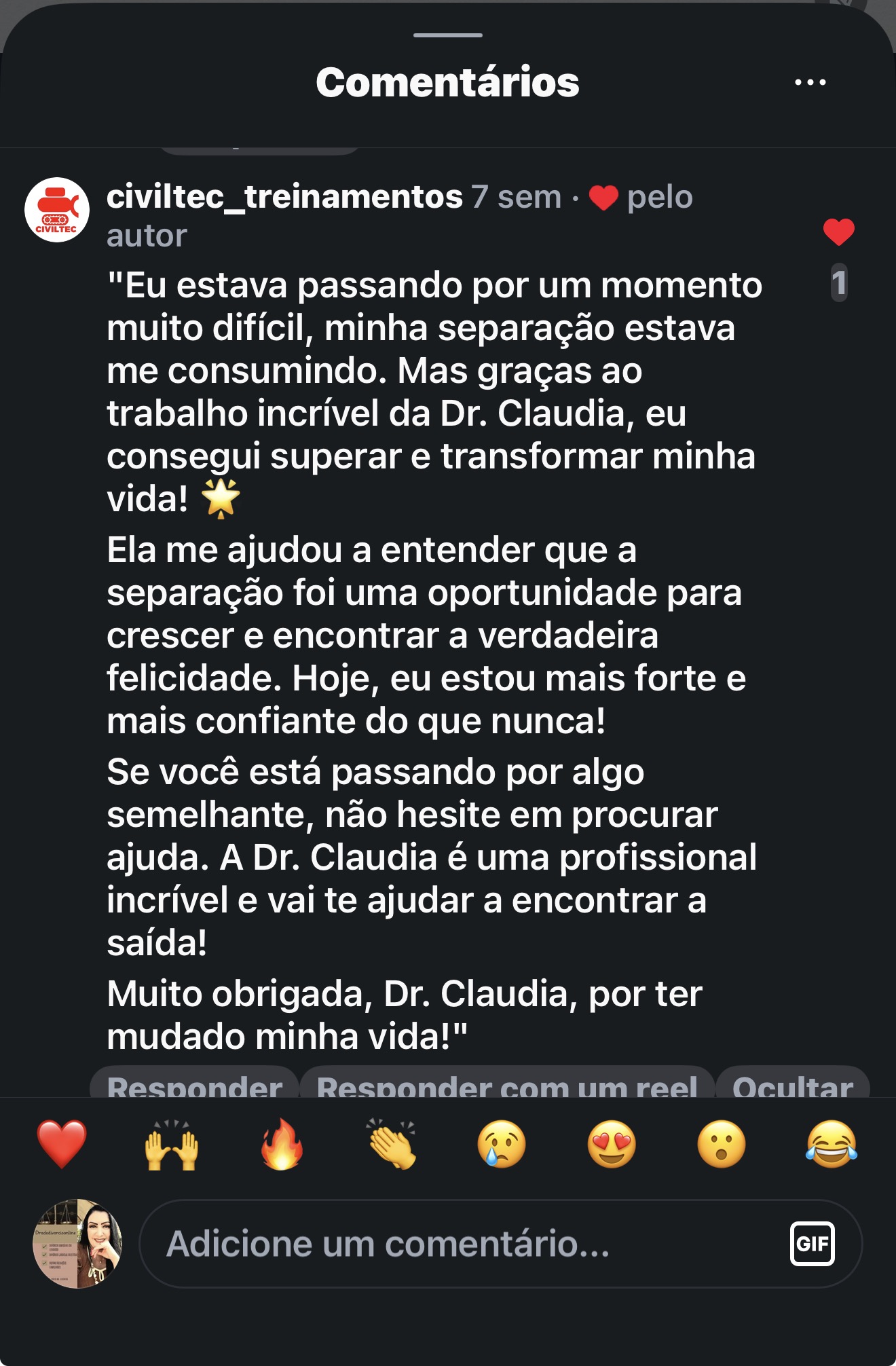 Comentário de cliente no Instagram da Dra. Cláudia