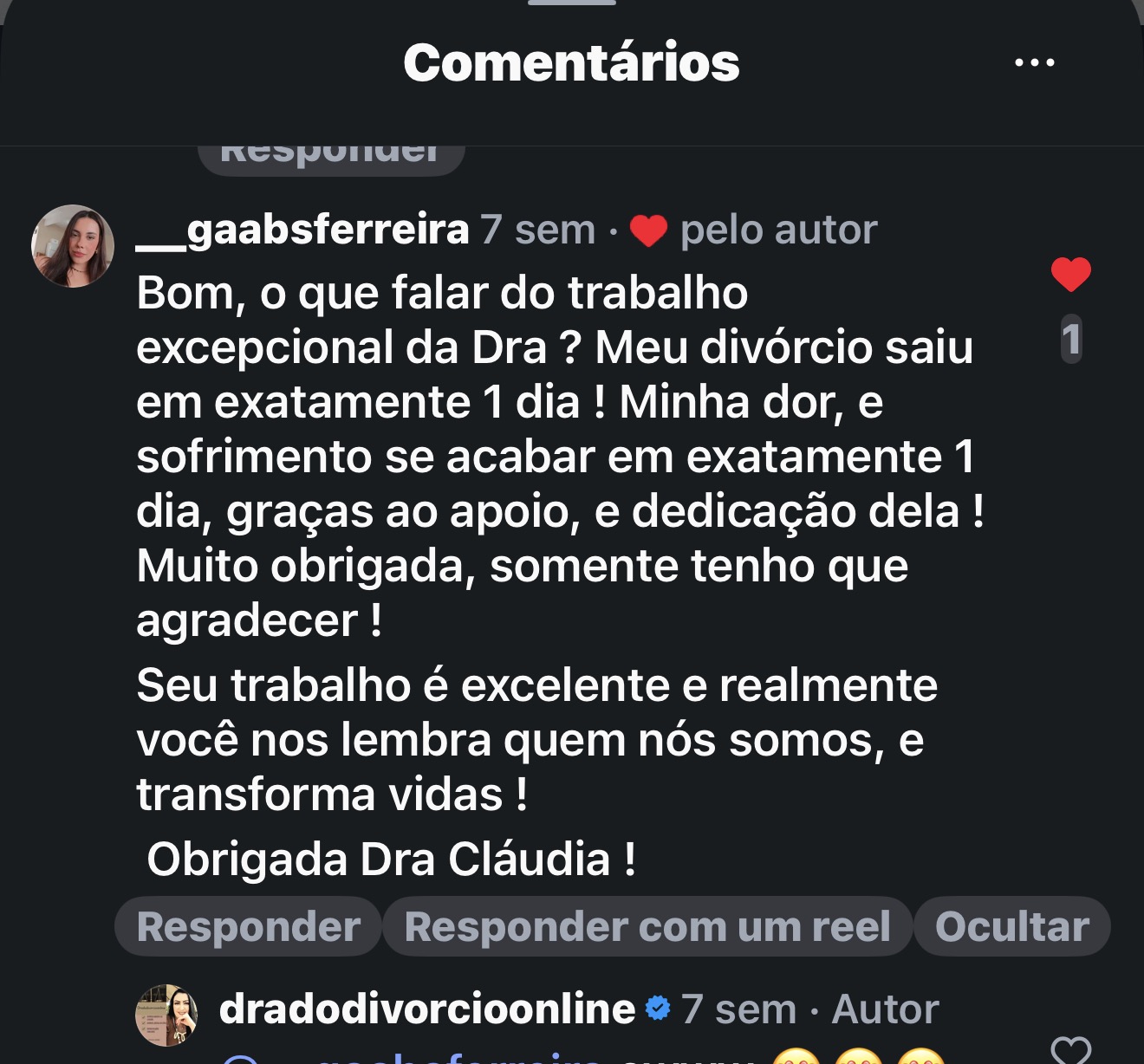 Comentário de cliente no Instagram da Dra. Cláudia