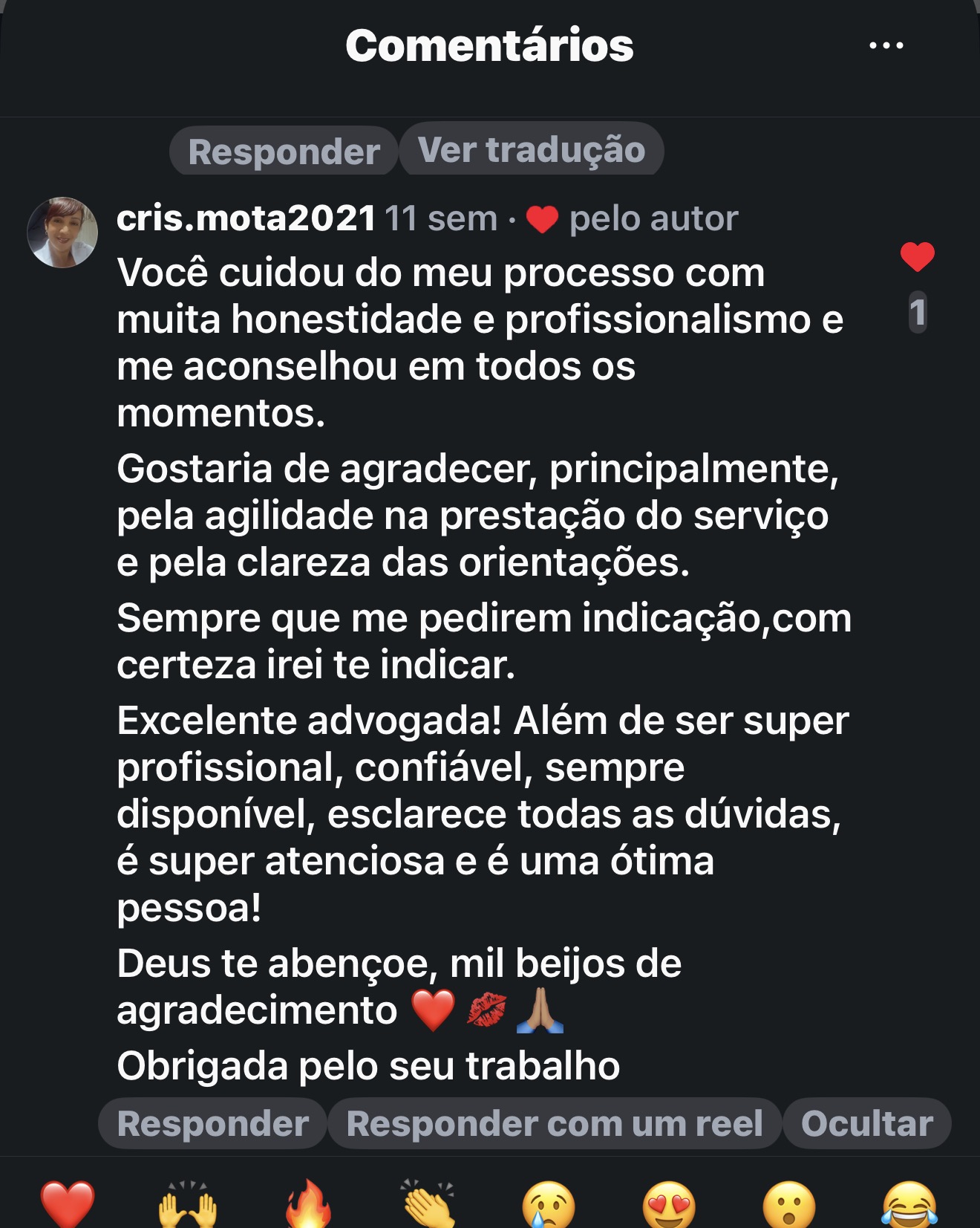 Comentário de cliente no Instagram da Dra. Cláudia