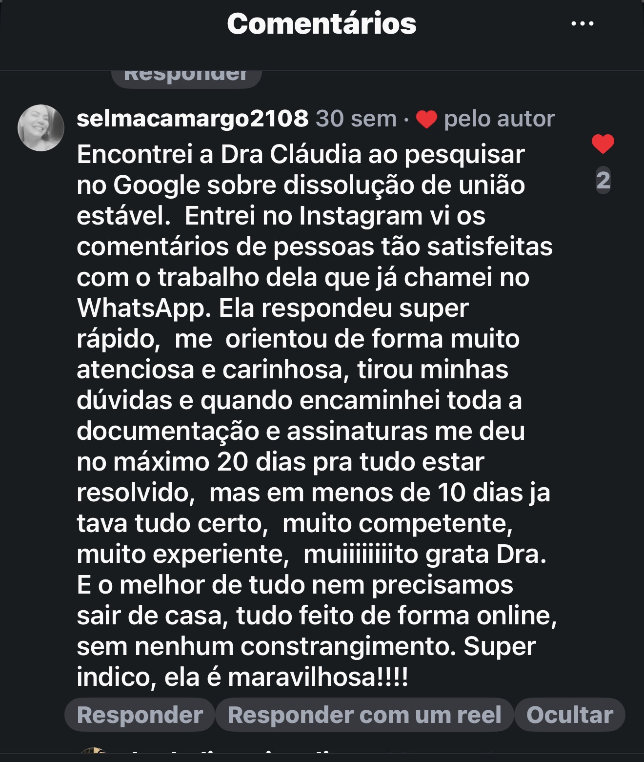 Comentário de cliente no Instagram da Dra. Cláudia